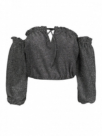 Black Off Shoulder Tie Front Metallic Yarn Crop Top – chiclookcloset