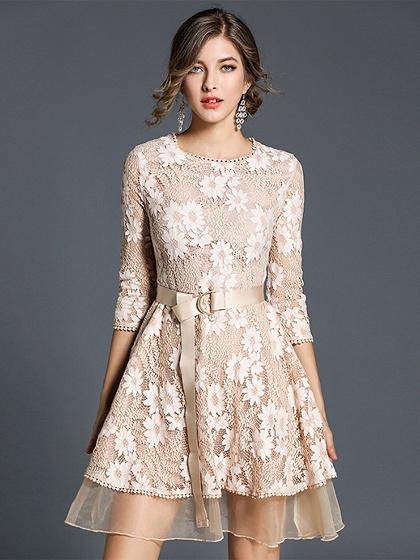 Beige D-ring Belt Mesh Panel Lace Dress – chiclookcloset