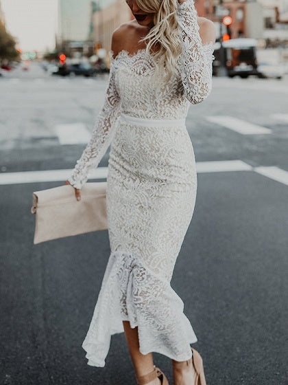 White Off Shoulder Fishtail Hem Long Sleeve Lace Dress – chiclookcloset