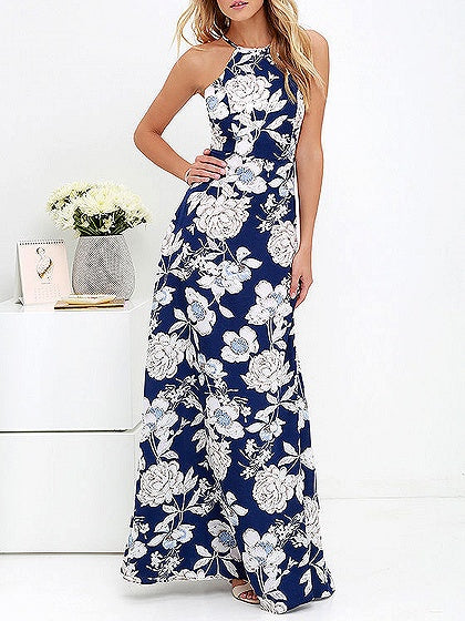 Blue Floral Print Open Back Maxi Dress – chiclookcloset