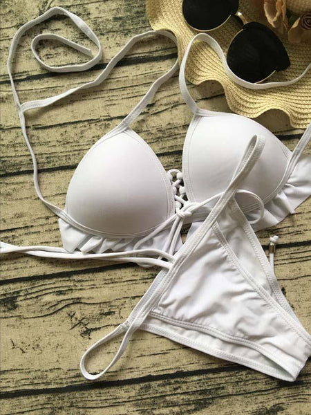 White Ruffle Trim Lace Up Front Bikini Top And Bottom – chiclookcloset
