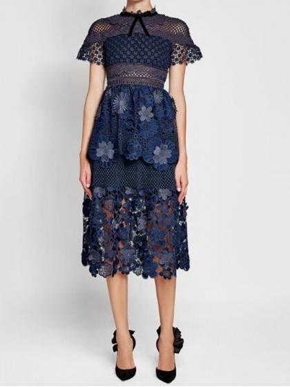 Navy Blue Mesh Panel 3D Floral Lace Double Layer Midi Dress ...