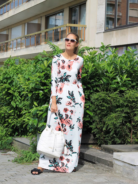 white maxi dress with pink flowers