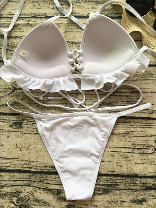 White Ruffle Trim Lace Up Front Bikini Top And Bottom – chiclookcloset