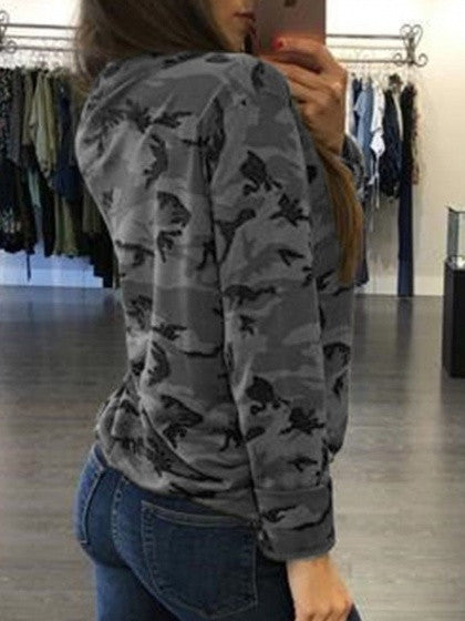 Grayish Green Camo Plunge Lace-up Front Long Sleeve T-shirt ...