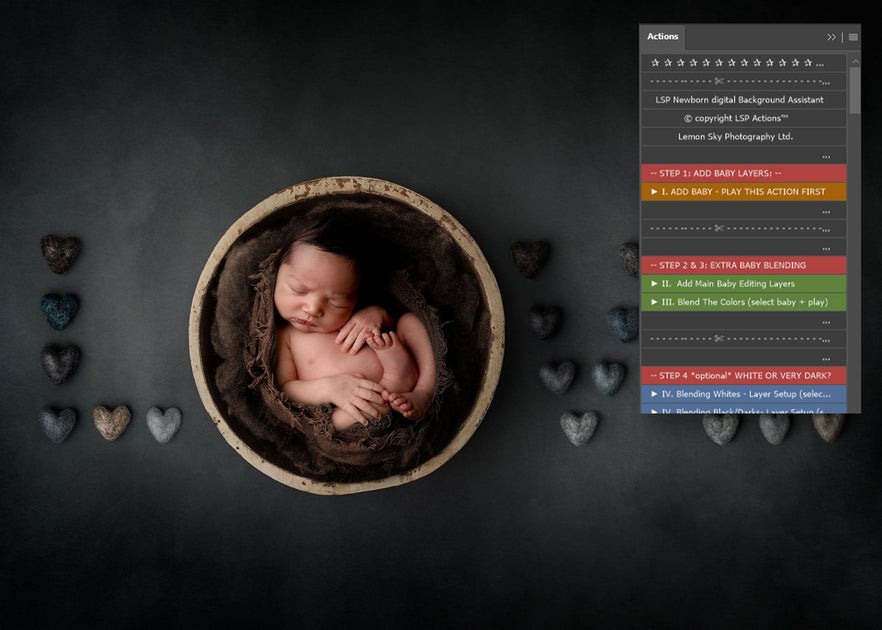 Quickly edit & composite realistically for newborn digital backgrounds |  Free digital background included – LSP Actions by Lemon Sky