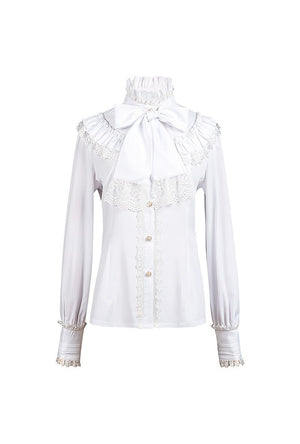 White Ruffle Lace Button Shirt with Bow