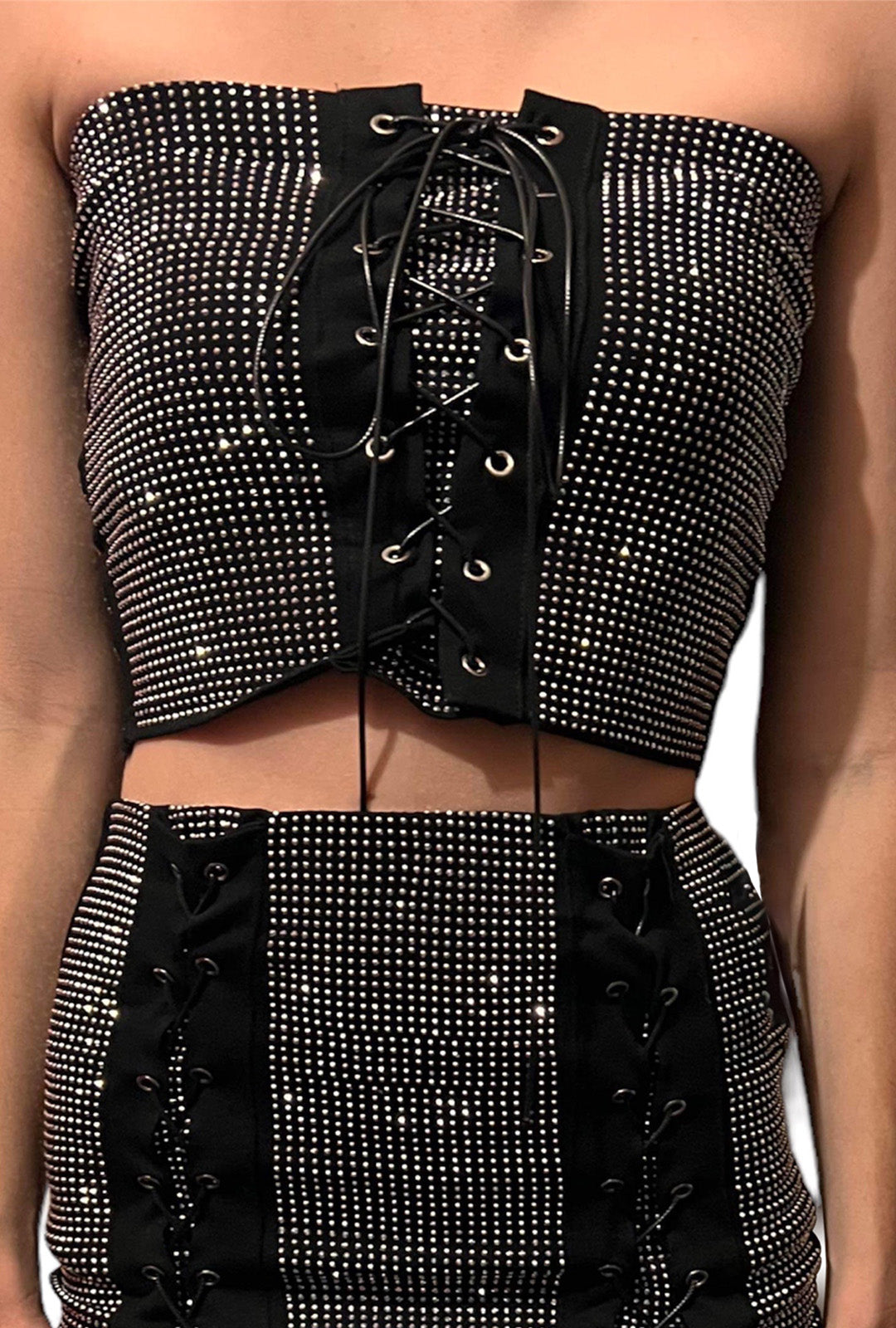 Black & Silver Rhinestone Lace-Up Tube Top Perth | Hurly-Burly