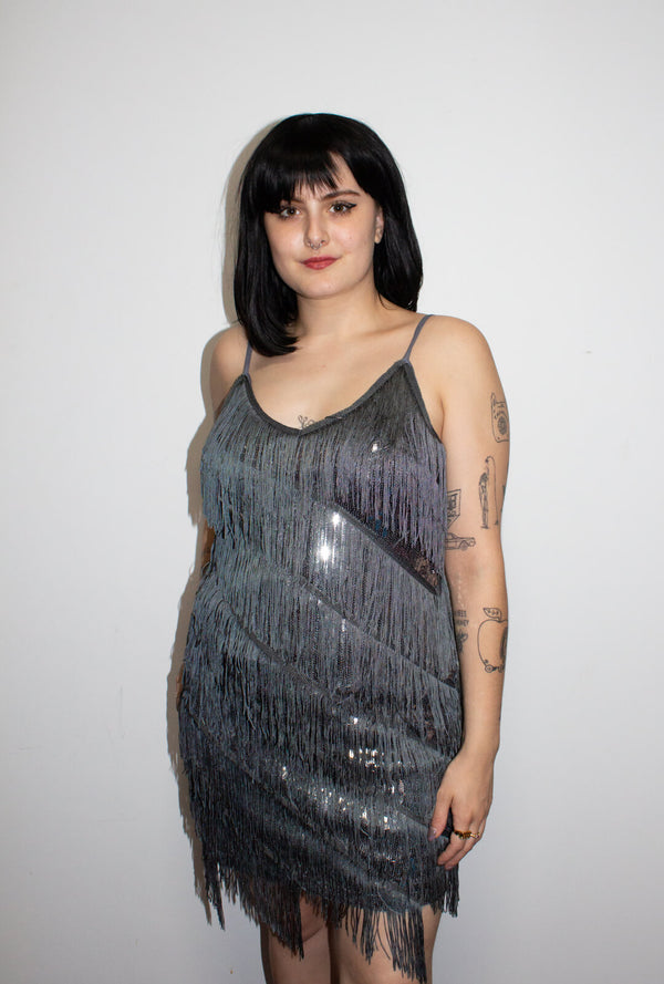 Dark Silver Diagonal Fringe Sequined Flapper Dress