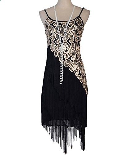 Black Paisley and Diagonal Fringe 1920s Dress