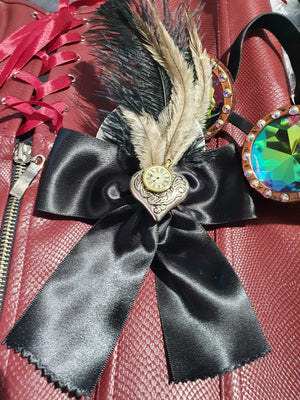 Steampunk Black Hair Bow with Silver Heart