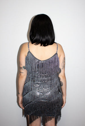 Dark Silver Diagonal Fringe Sequined Flapper Dress