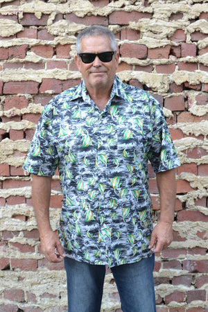 Grey and Green Angelfish Print Button Down Shirt