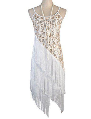 White Paisley and Diagonal Fringe 1920s Dress