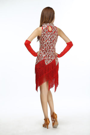 Red High Neck Sequin Paisley Fringed 1920's Dress