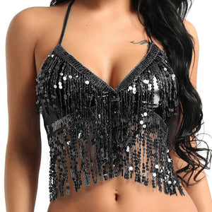 Black Sequin Fringe Halter Top