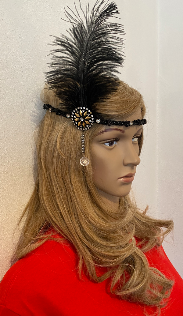 Black Beaded Rose Feather Gatsby Headband