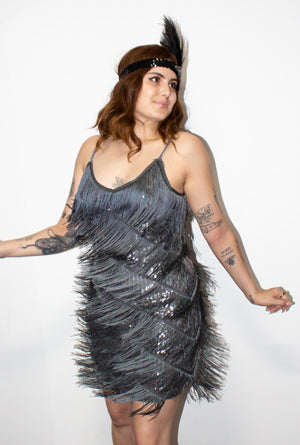 Dark Silver Diagonal Fringe Sequined Flapper Dress