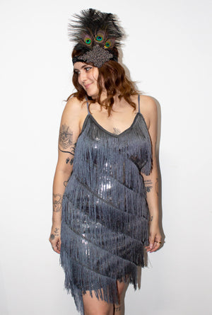 Dark Silver Diagonal Fringe Sequined Flapper Dress