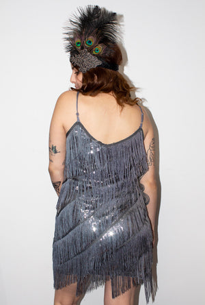 Dark Silver Diagonal Fringe Sequined Flapper Dress