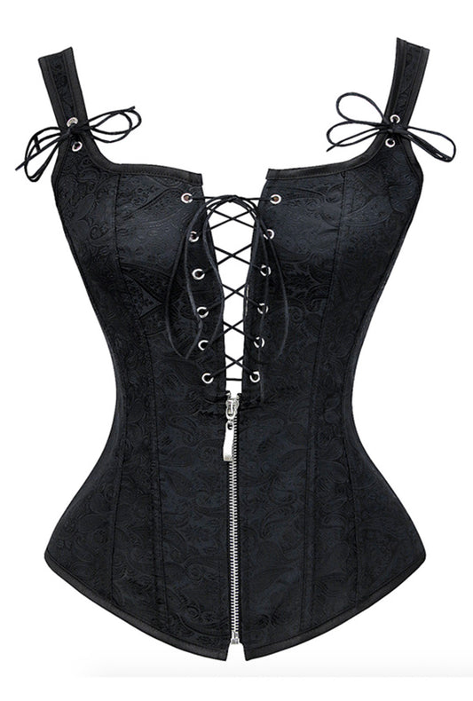 Steel-Boned Black Steampunk Corset with Jacquard and Zip Detail Perth