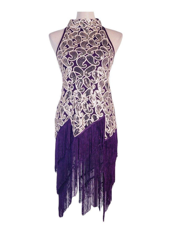Purple High Neck Sequin Paisley Fringed 1920's Dress