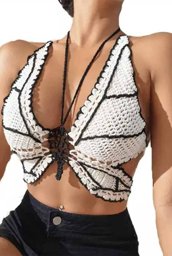 Black and White Knit Halter Butterfly Top