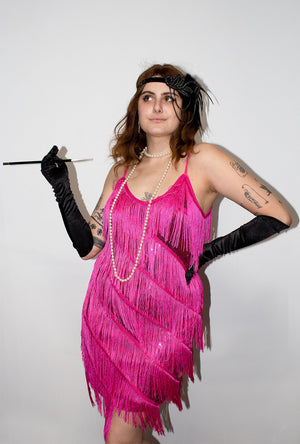 Hot Pink Diagonal Fringe Sequined Flapper Dress