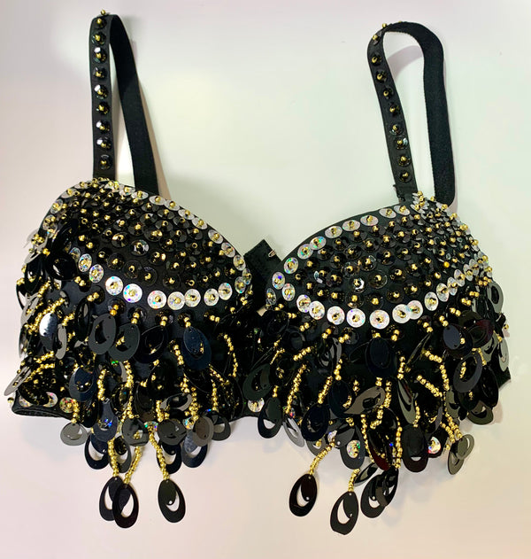 Black with Silver, Black and Gold Sequin Fringe Bra Top