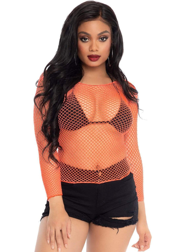 Neon Coral Long Sleeve Net Top