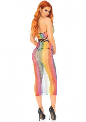 Rainbow Net Long Halter Cut-Out Dress