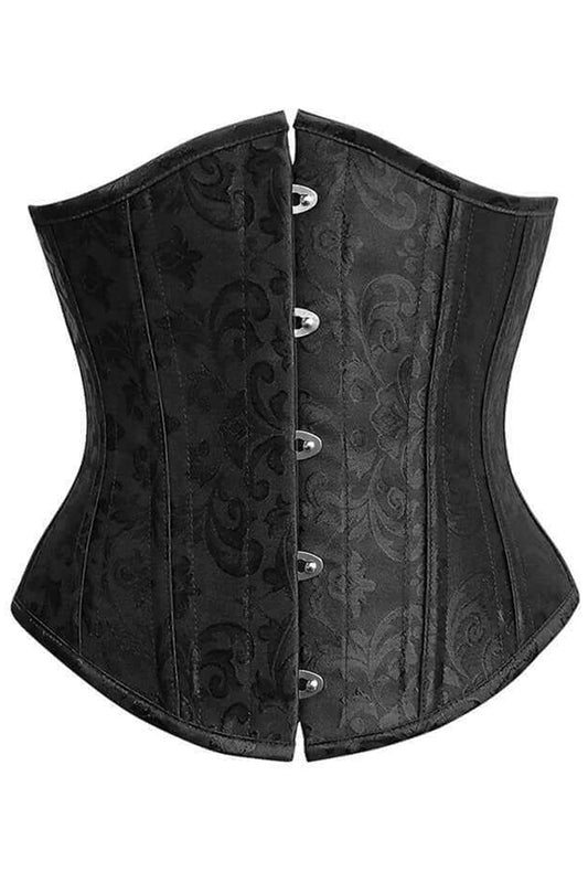 Steel-Boned Black Steampunk Corset with Jacquard and Zip Detail