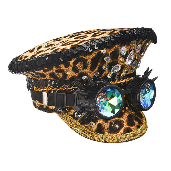 Leopard Print Rhinestone Hat with Spiked Goggles