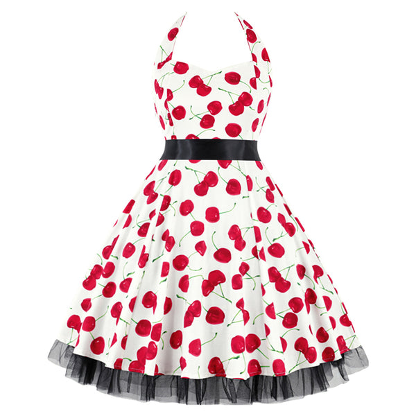 White Halterneck Cherry 50's Dress