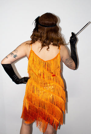 Orange Diagonal Fringe Sequined Flapper Dress