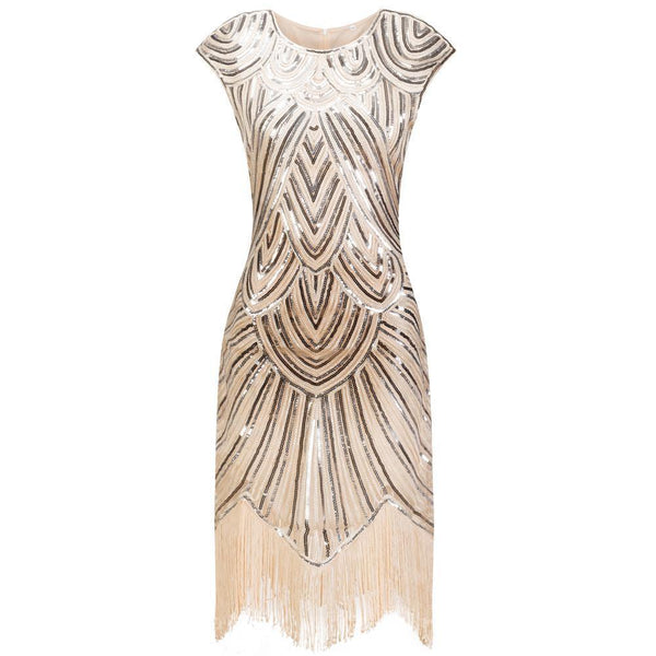 Cream Beaded Cap Sleeve Great Gatsby Dress