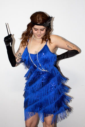 Royal Blue Diagonal Fringe Sequined Flapper Dress