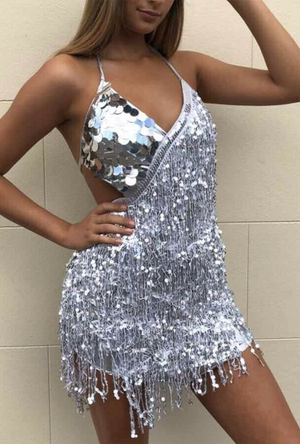 Silver Sequin Diagonal Fringe Dress