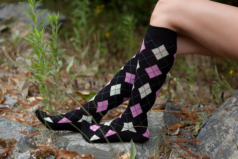 Women's Natural Black Argyle Knee High Socks - Socks n Socks