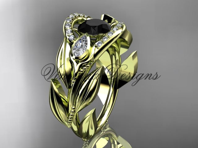 14kt yellow gold diamond, leaf and vine, tulip flower engagement ring, Black Diamond VD10051