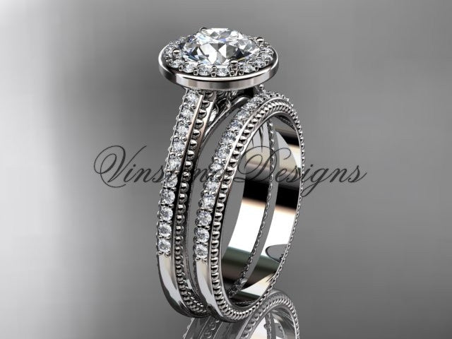 Unique 14k white gold diamond engagement ring, engagement set, 