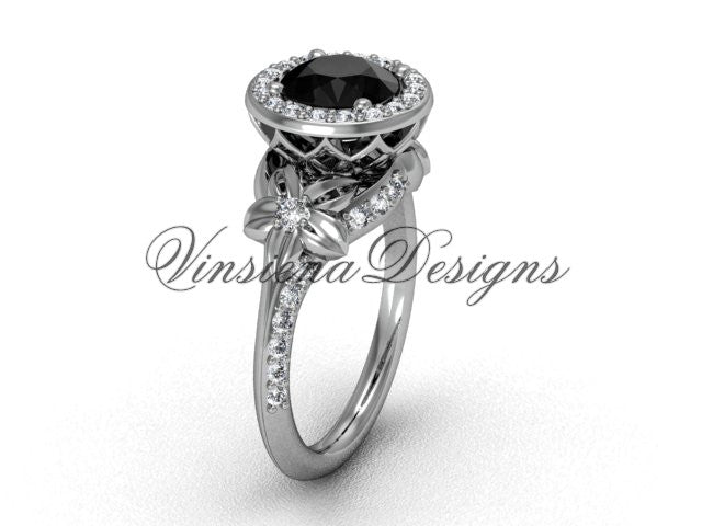 Platinum leaf and vine, flower engagement ring, Black Diamond VF
