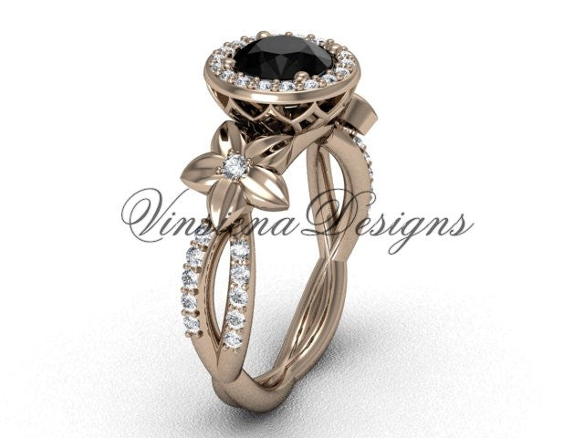 14kt rose gold flower engagement ring, Black Diamond VF301010