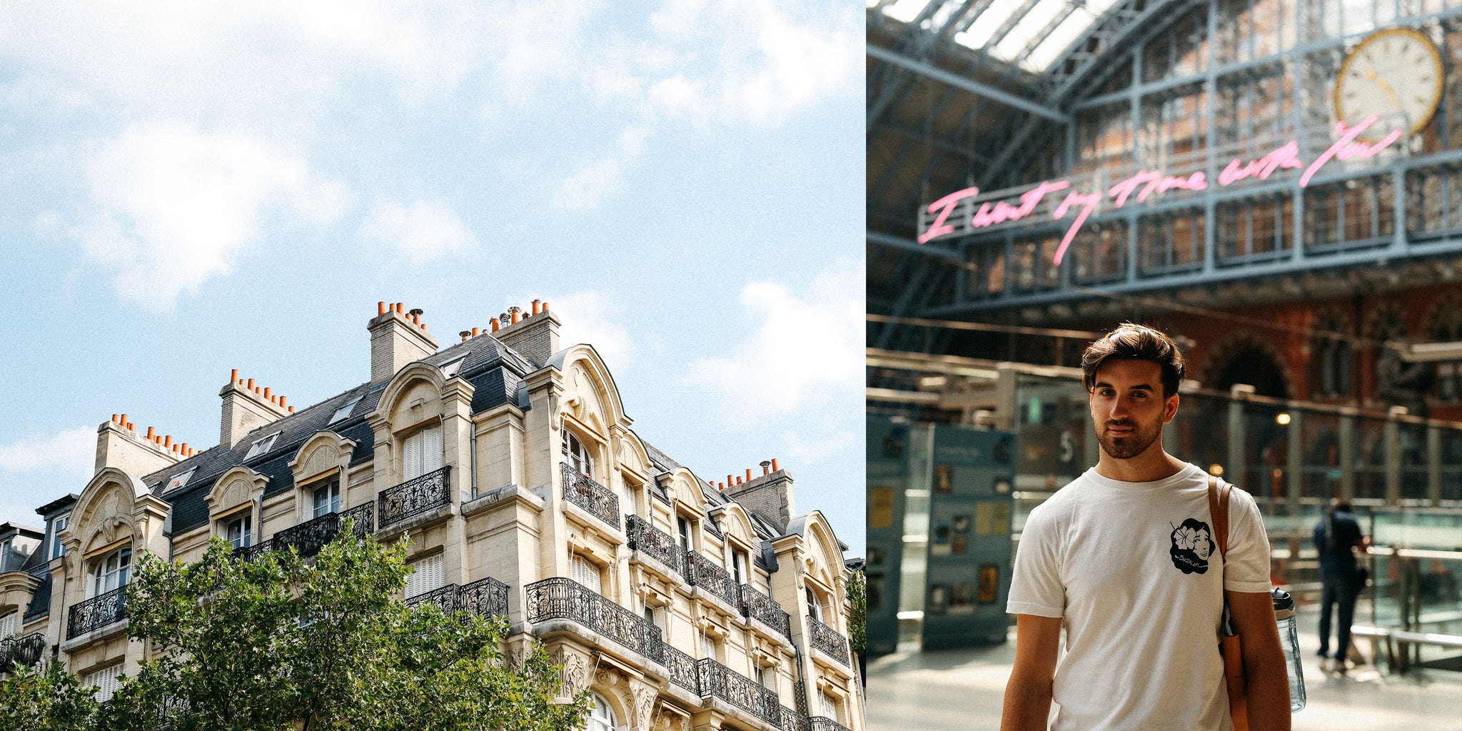 Las excelentes aventuras de Bather: París con Nicole Breanne y Lucas Young vistiendo la camiseta blanca de Hula Girl de Bather