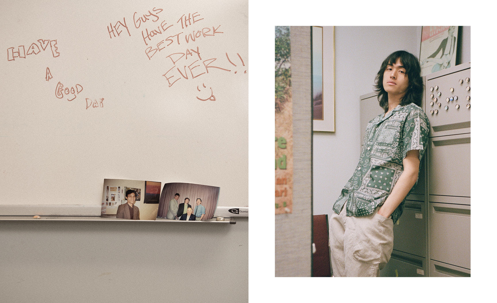 Man leaning against filing cabinets wearing Bather Green Bandana Camp Shirt. Whiteboard reads Have a Great Day.