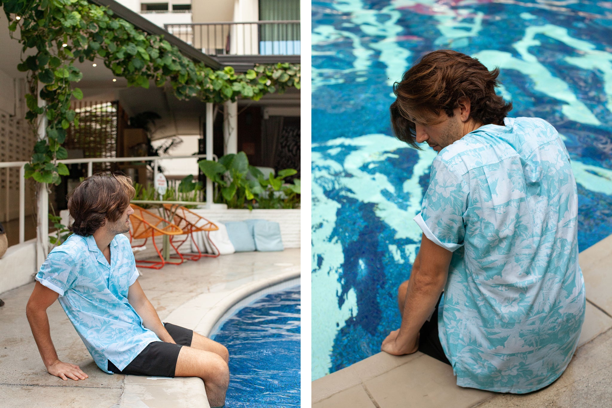 Man wearing blue resort shirt by a pool in Hawaii