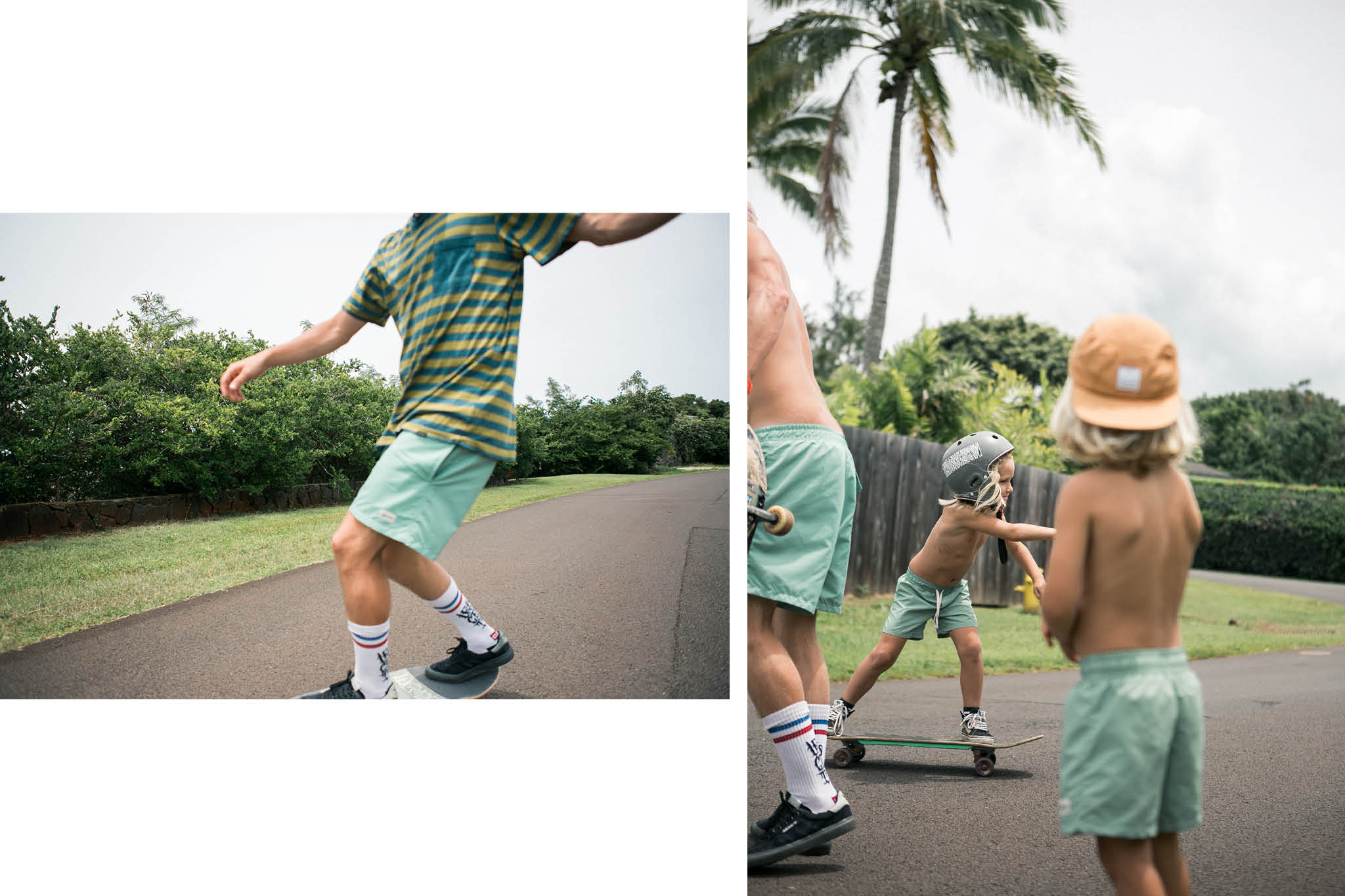 Papa et enfants font du skateboard en maillot de bain Bather