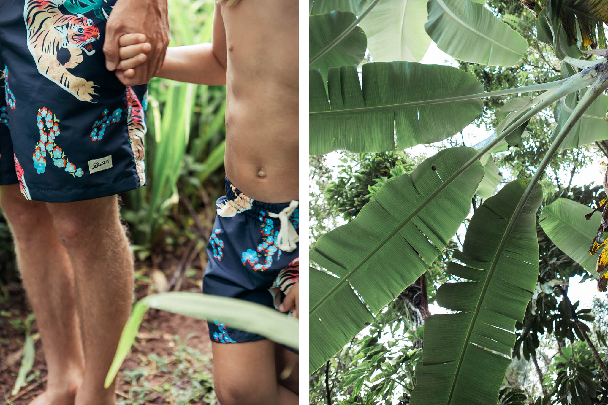 Bather matching kids' and men's Hawaiian Tiger swim trunk