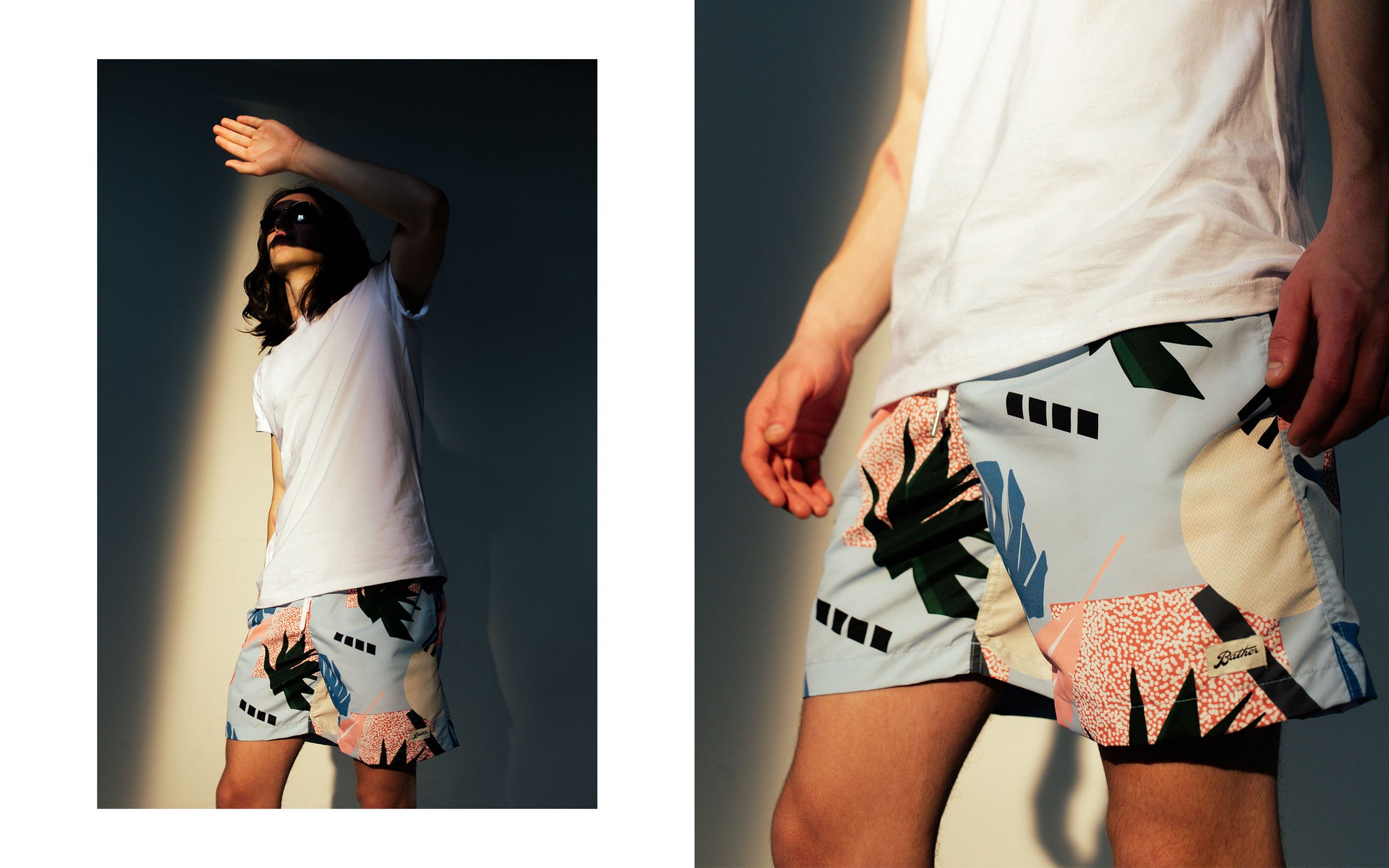 Bather SS18 Lookbook featuring Blue Abstract Palms Swim Trunk