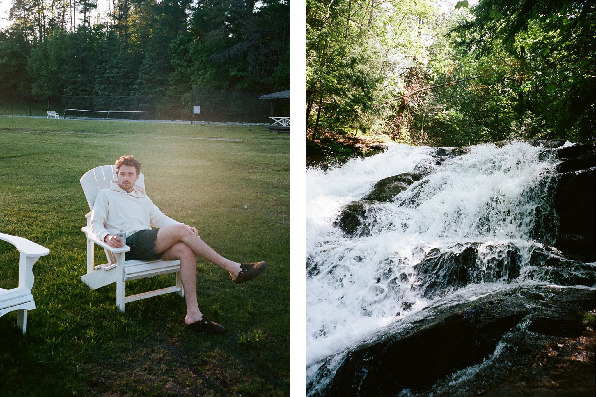 Man sitting on a Muskoka cottage chair, second image of a waterfall